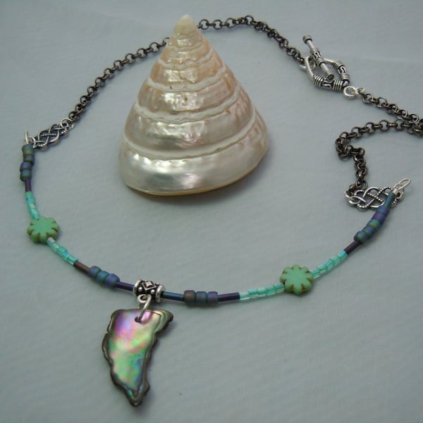 Abalone shell necklace pendant & Czech glass beads