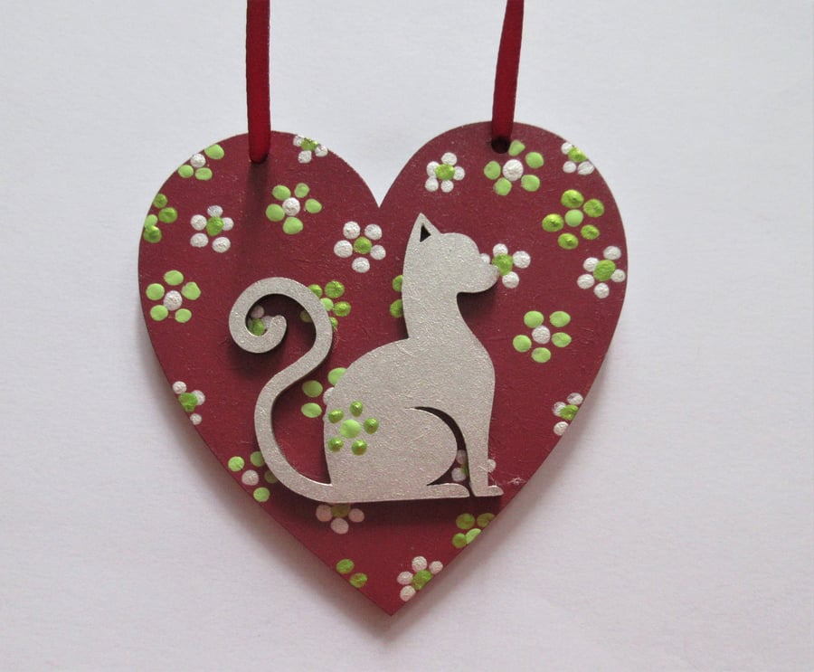 Cat Hanging Heart Decoration Hand Painted Ditsy Flowers