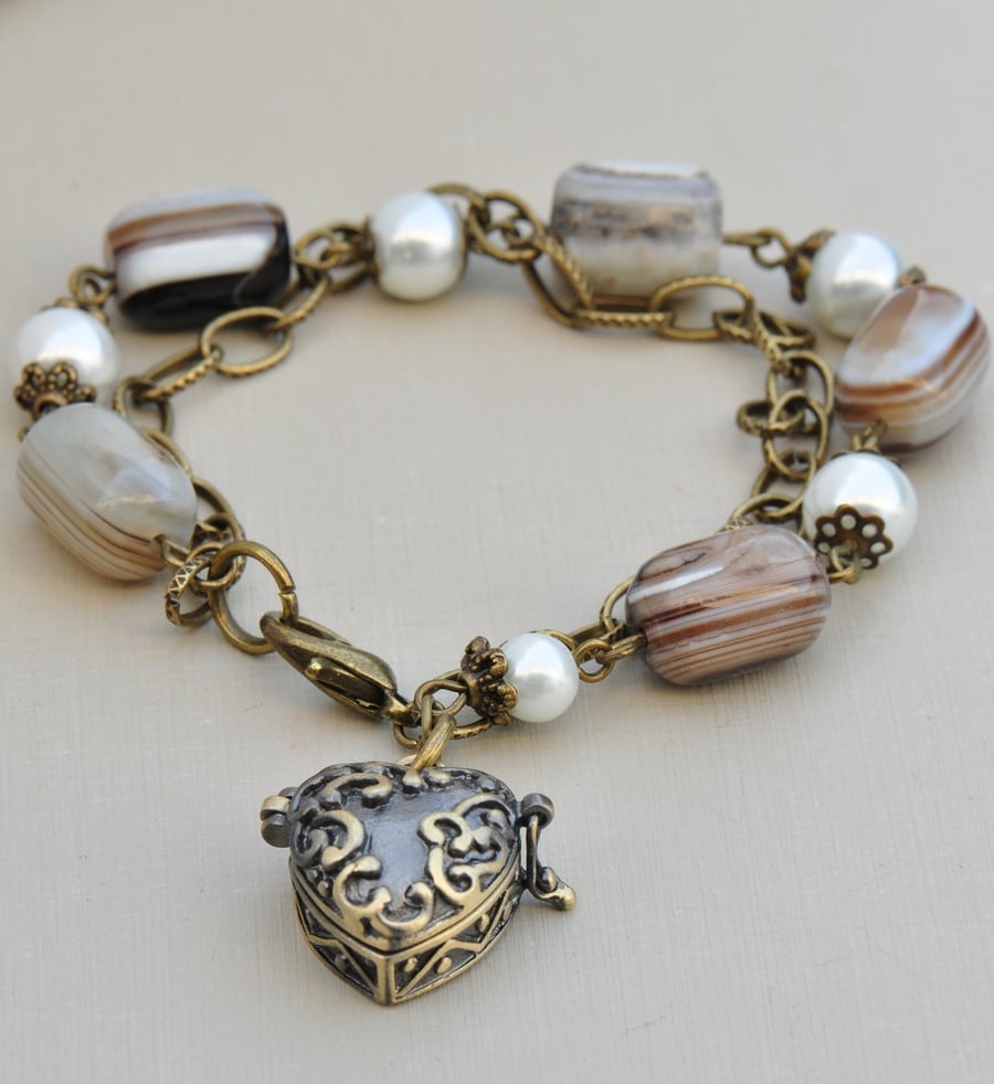 Secret Smile Botswana Agate and Glass Pearl Bracelet with Locket