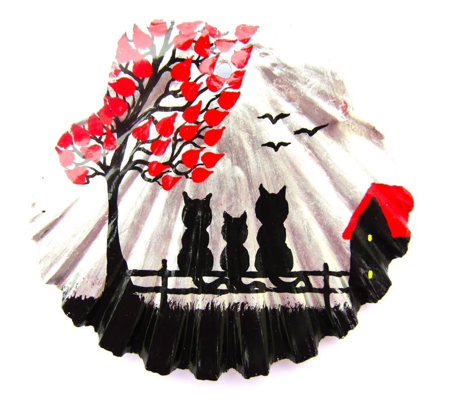 Painted Shell, Three Black Cats Tree, Mother Daughter Gift, Kitten Art Painting