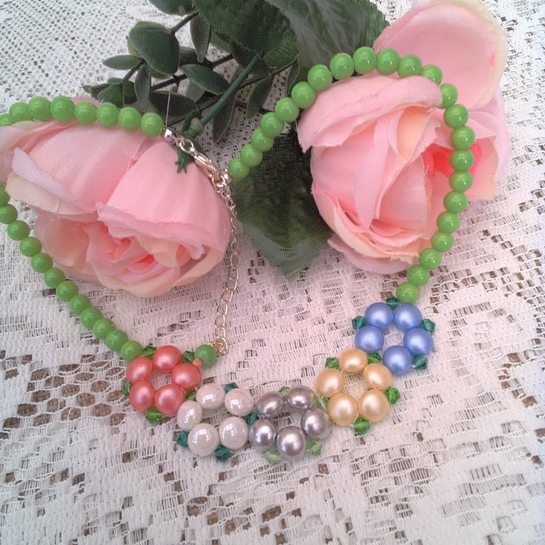 Green Beaded Necklace with Five Beaded Flowers, Gift for Her, Mother's Day Gift 