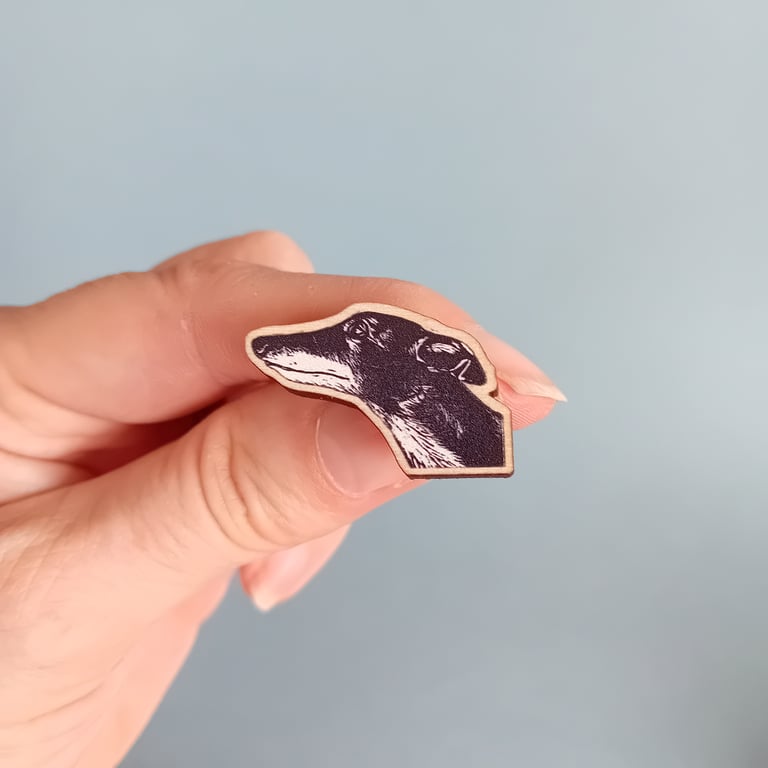 Sighthound Pin Badge - wooden, greyhound, whippet, galgo, lurcher, dog dad