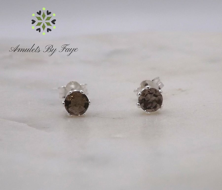 Smoky Quartz Facet 4mm Gemstone 6 Prong Sterling Silver Stud Earrings.