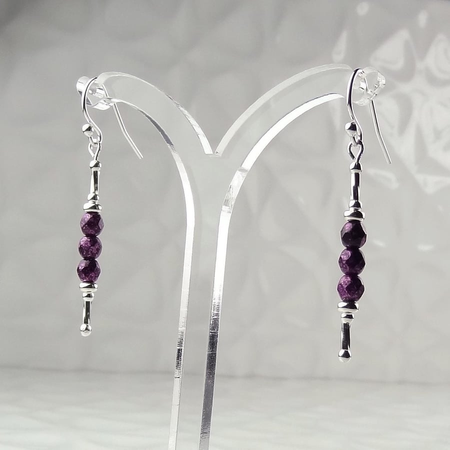 Sterling silver & dark metal purple 4mm fire polished Czech glass drop earrings