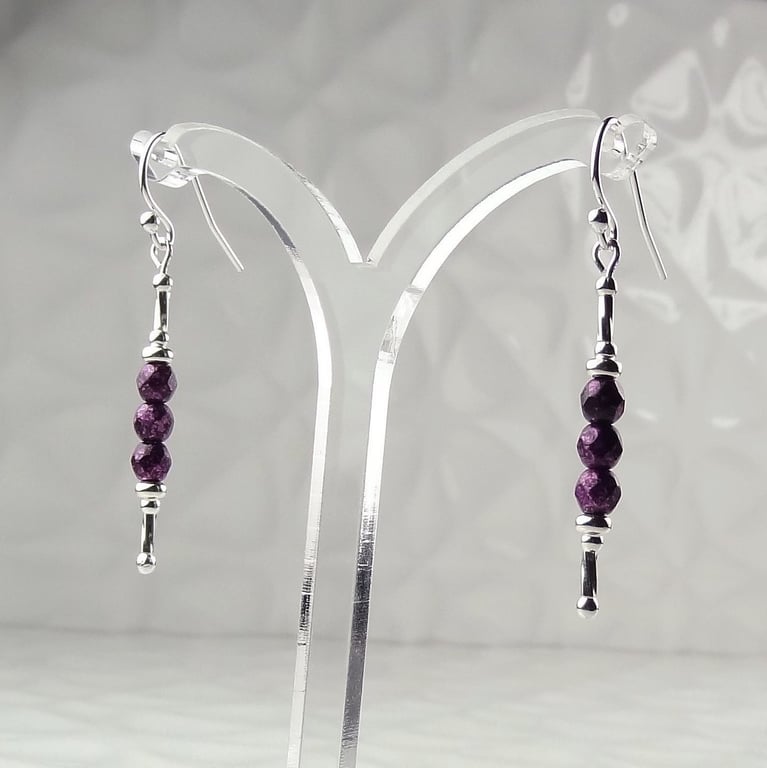 Sterling silver & dark metal purple 4mm fire polished Czech glass drop earrings