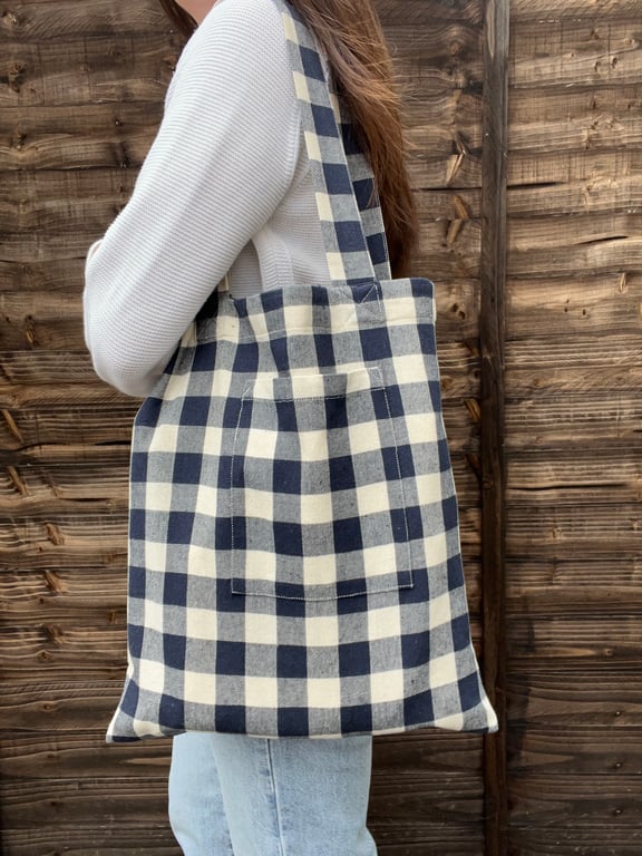 Navy Blue Gingham Cotton Tote Bag