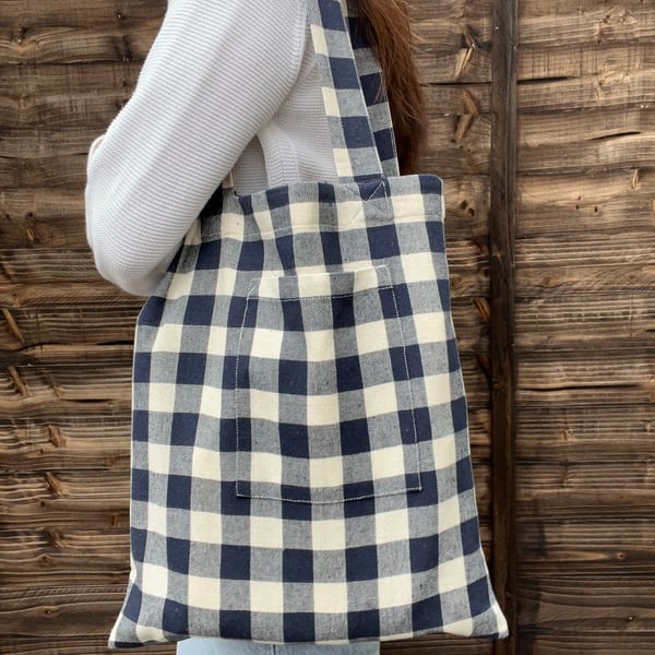 Navy Blue Gingham Cotton Tote Bag