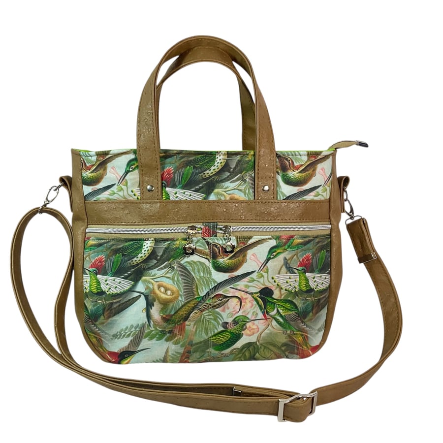 Hummingbird handbag with faux leather, ladies floral tote, women’s gift