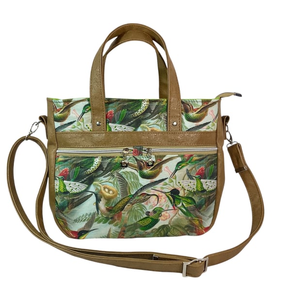 Hummingbird handbag with faux leather, ladies floral tote, women’s gift