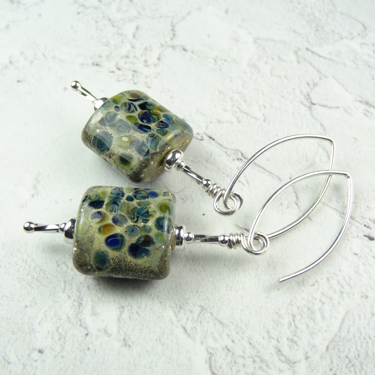 Blue green beige with silver flecks, slab-shaped handcrafted glass earrings