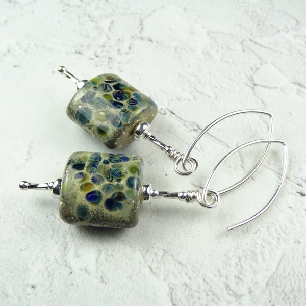 Blue green beige with silver flecks, slab-shaped handcrafted glass earrings