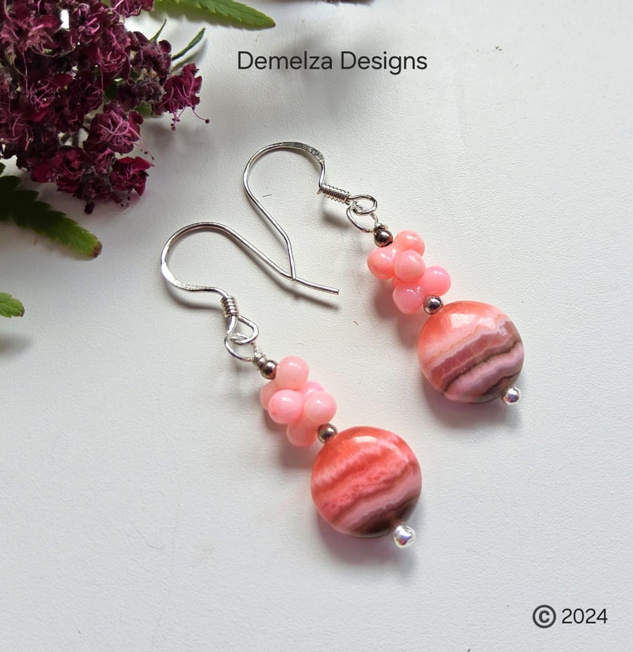 Dainty Coral & Rare Rhodochrosite  Sterling Silver Earrings 