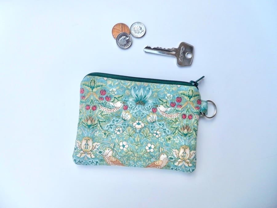 Coin purse in William Morris mini strawberry thief aqua