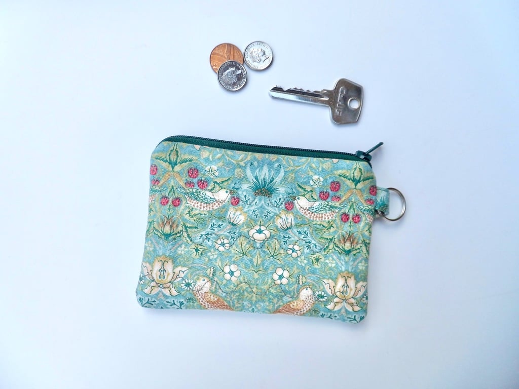 Coin purse in William Morris mini strawberry thief aqua