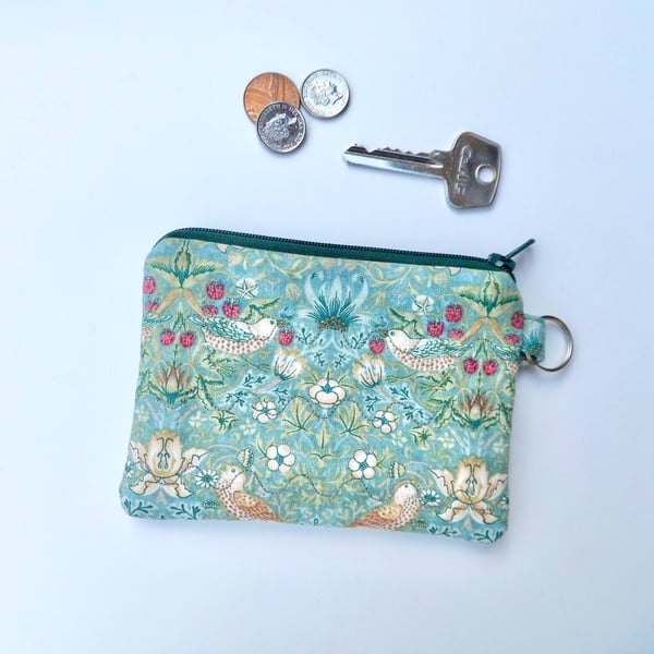 Coin purse in William Morris mini strawberry thief aqua