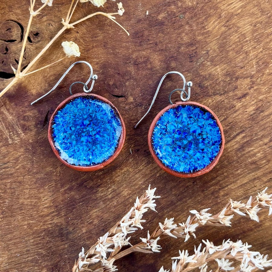 Handmade Ceramic Drop Earrings: Dark Blue Glazed Clay, Hypoallergenic Hooks