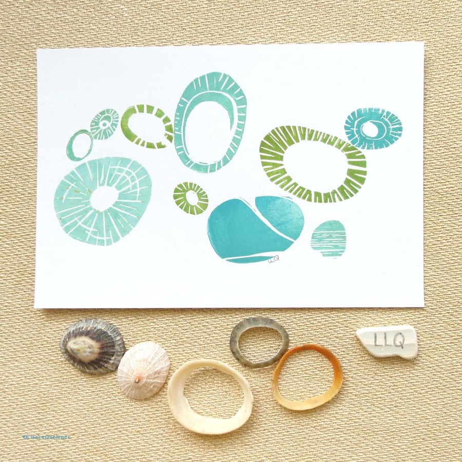 Modern style seaside print seashells and pebbles OOAK