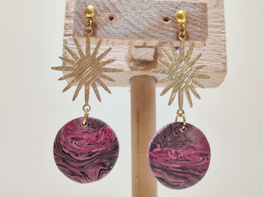 PInk starry night gold star dangle earrings 