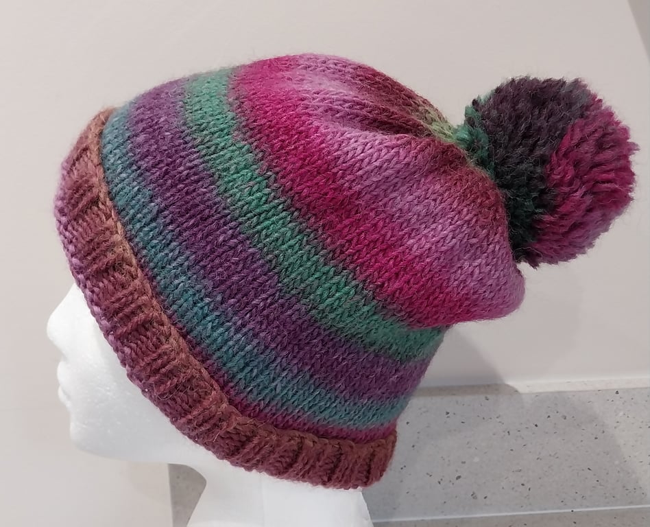 Handknit Bobble Hat 100% wool Pink Green Purple MED