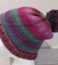 Handknit Bobble Hat 100% wool Pink Green Purple MED - Image 1