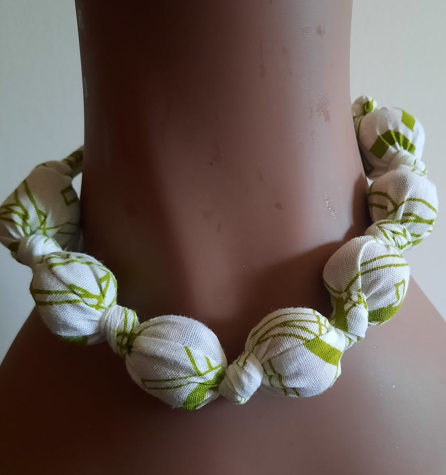 Green and White Fabric Covered Beaded Necklace