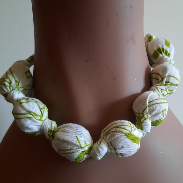 Green and White Fabric Covered Beaded Necklace