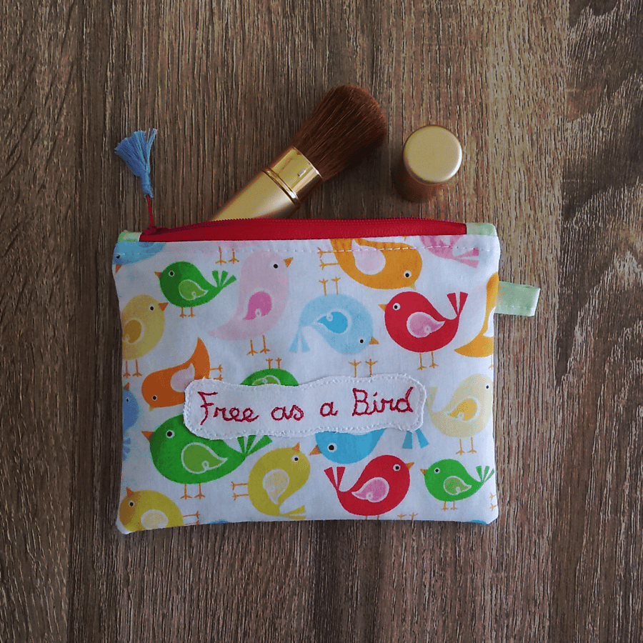 Free as a Bird, small, zipped pouch, birds, make up bag, POSTAGE INCLUDED