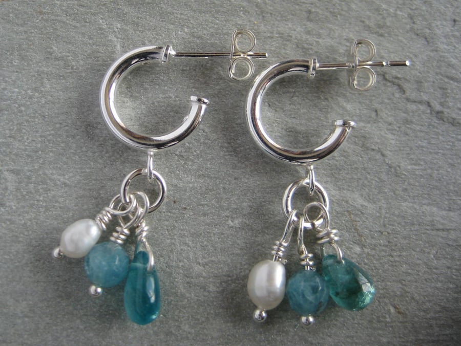 Silver Hoop Earrings with Semi Precious Stone Cluster