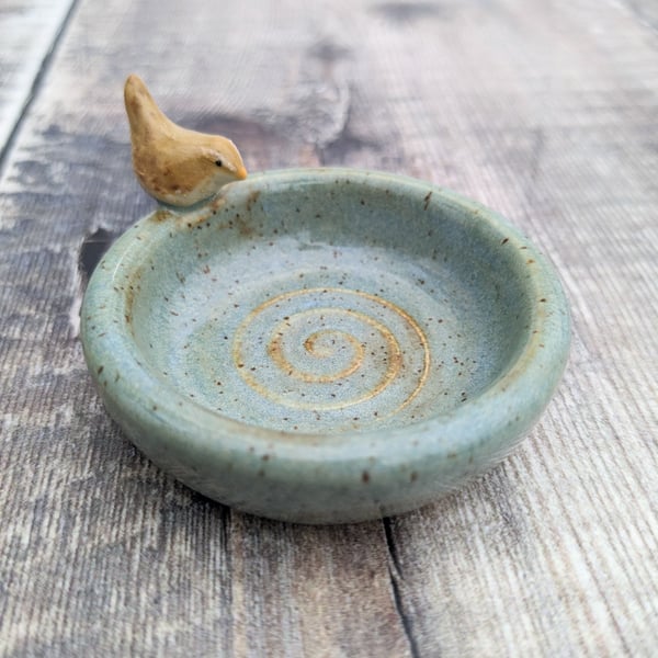 Small ceramic ring dish with mini wren and turquoise glaze