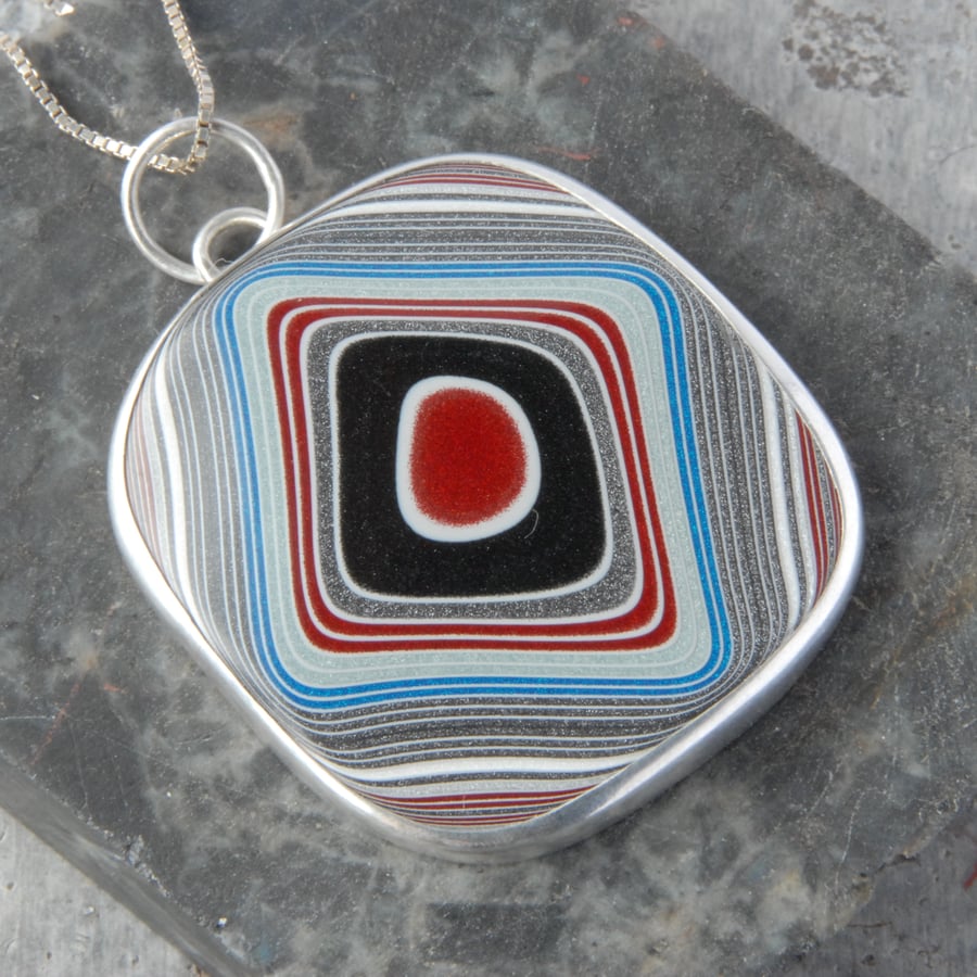 Super sparkly square fordite and sterling silver pendant