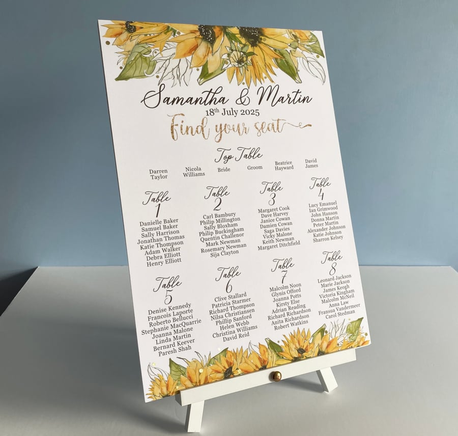 Sunflowers WEDDING table PLAN seating card golden leaves foliage greenery