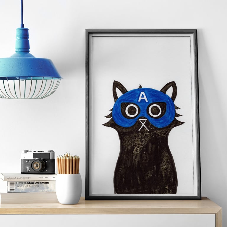Captain Cat Wall Art Print, Superhero Print, Nursery Wall Art, Superhero Gift