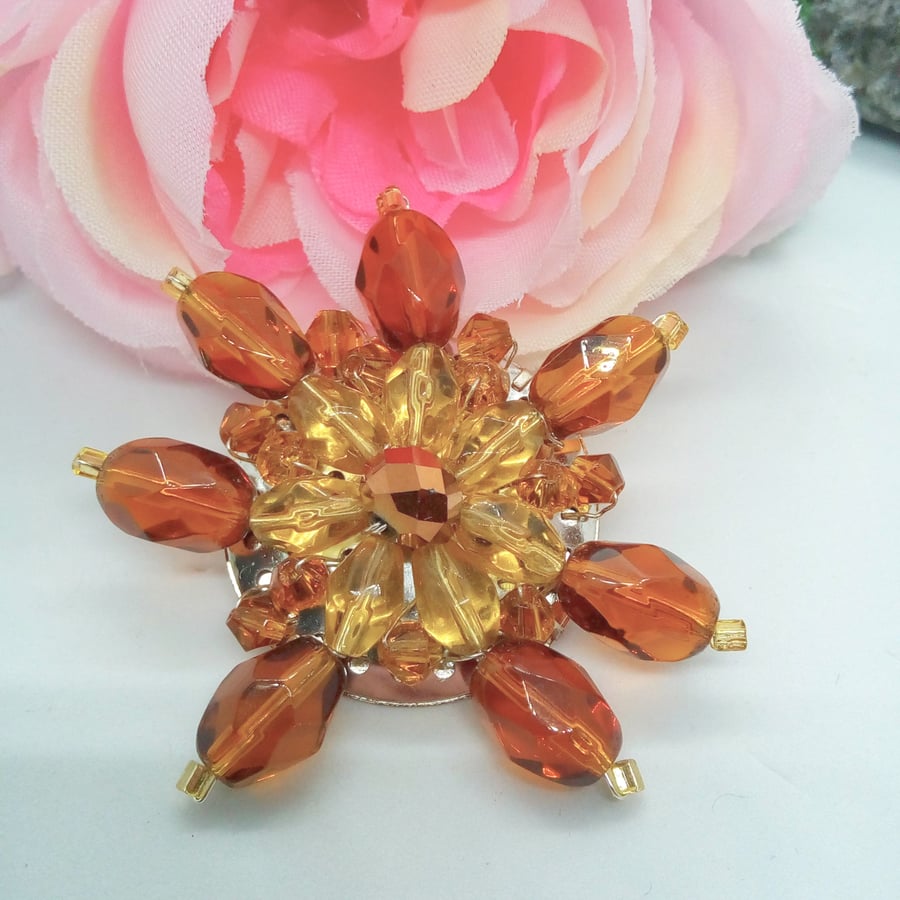 Wire Wrapped Amber and Topaz Ladies Crystal Beaded Flower Brooch
