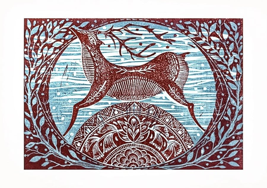 Winter Deer original Lino print PRINT SALE