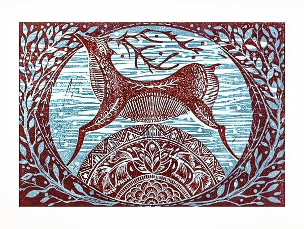 Winter Deer original Lino print PRINT SALE