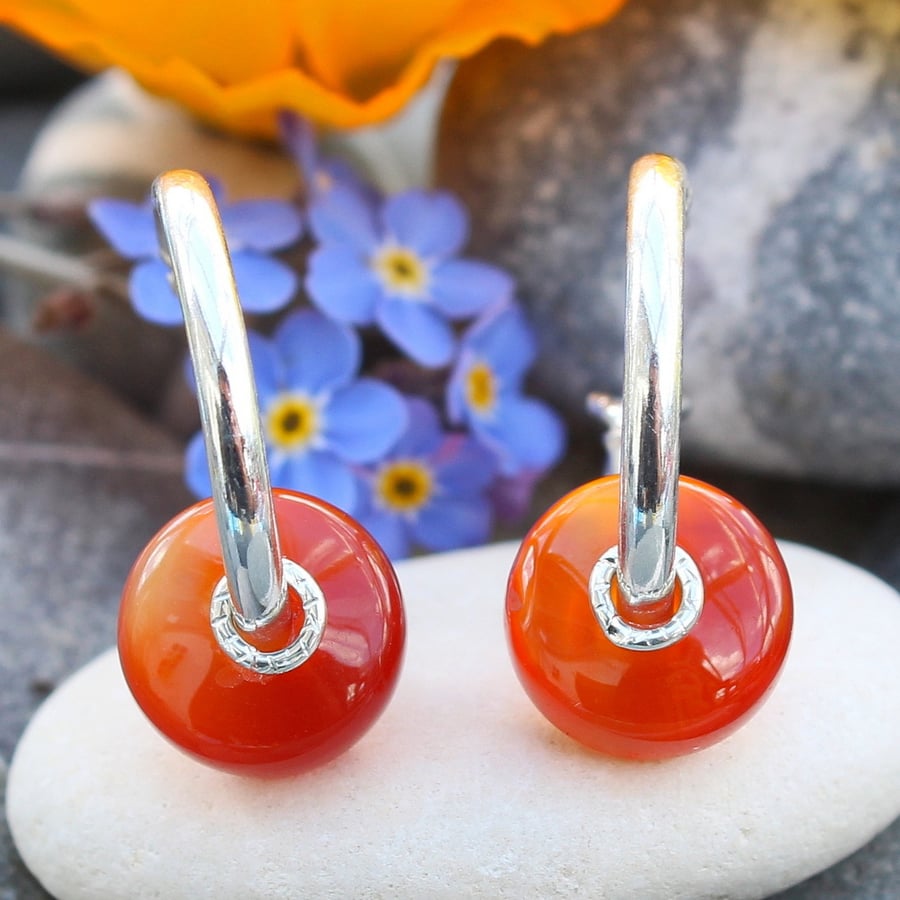 Sterling silver sleeper hoop earrings, carnelian earrings, handmade, pebble