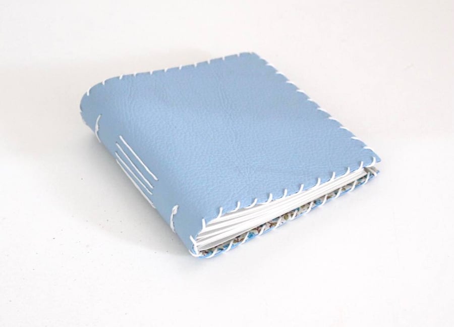 Small Pale Blue Handmade Leather notebook Floral Fabric Lining recycled Paper