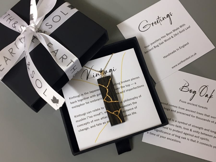 Kintsugi Necklace, Bog Oak Wood 22ct Gold Inlay, or Silver, Copper, Gemstone