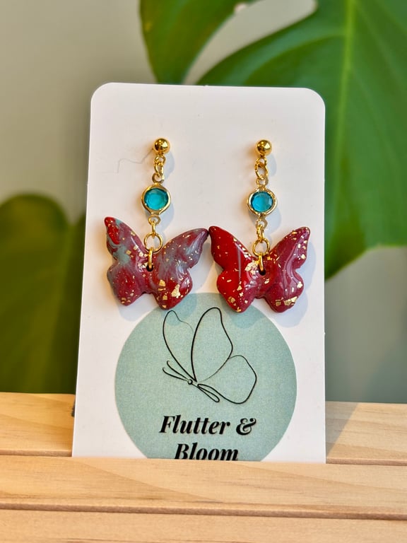 Red Butterfly Dangling Earrings with Turquoise Gemstone 