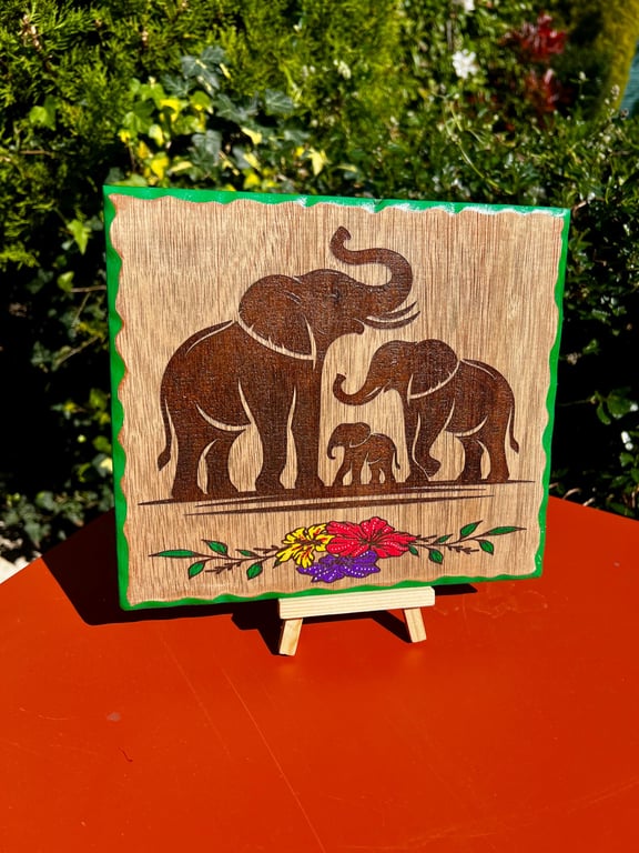 Elephant Family Wooden Plaque – Bespoke Handmade Wall Art – Rustic Animal Gift f