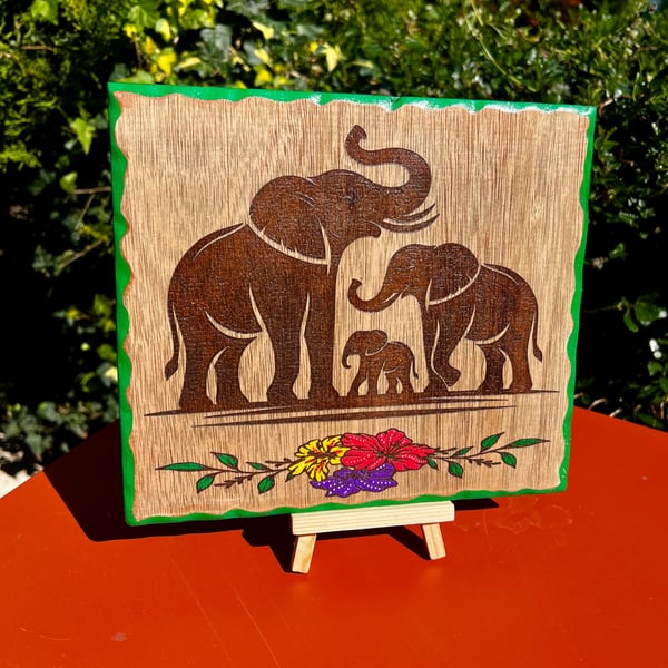 Elephant family bespoke wooden plaque 