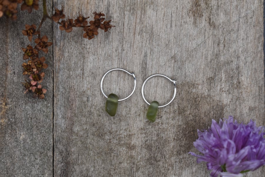 Scottish Sea Glass and Recycled Sterling Silver Tiny Hoop Earrings, Green