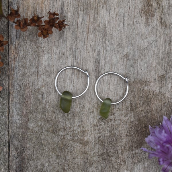 Scottish Sea Glass and Recycled Sterling Silver Tiny Hoop Earrings, Green