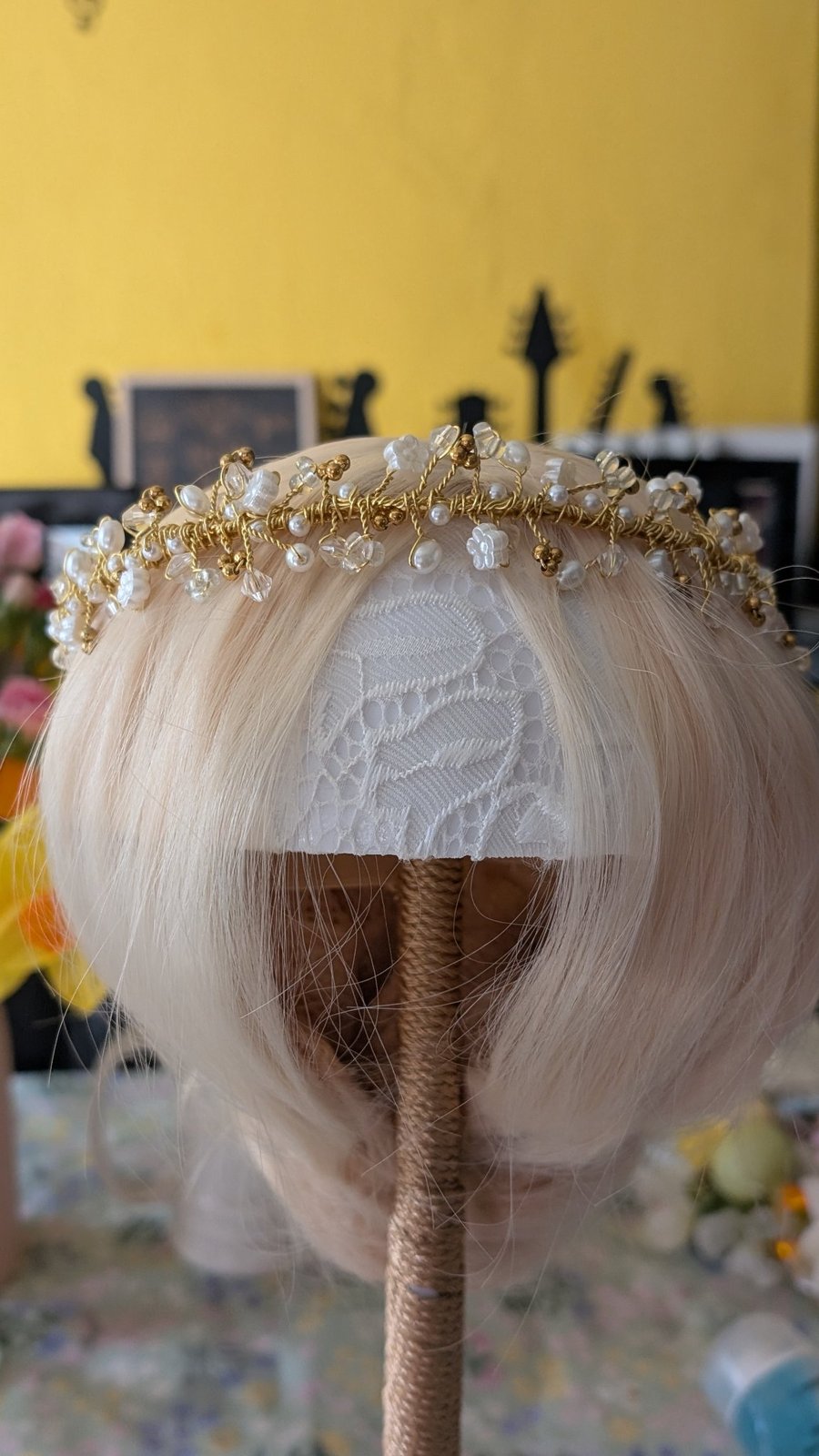 Gold Pearl Headpiece, Handmade Bridal Headband, Ren fair hair accessory