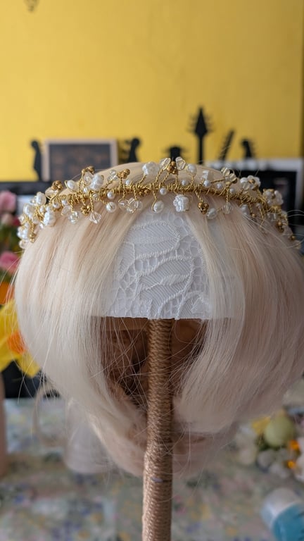 Gold Pearl Headpiece, Handmade Bridal Headband, Ren fair hair accessory