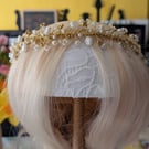 Gold Pearl Headpiece, Handmade Bridal Headband, Ren fair hair accessory