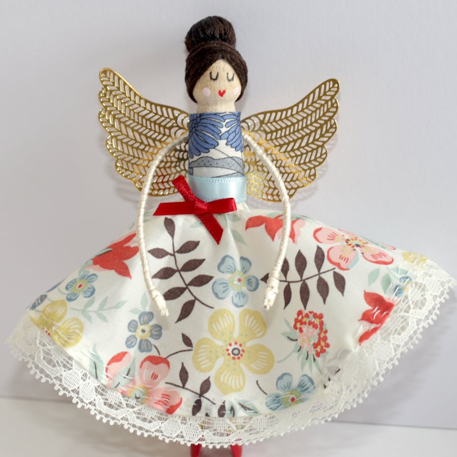 Liberty London 'Edenham,Tana Lawn' Fabric Handmade Peg Doll (dark brown hair)