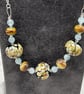 Raku spotted lampwork glass beaded necklace cream brown blue caramel - Image 10
