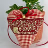 MISTLETOE CHRISTMAS HEART DECORATION - burgundy check and gold