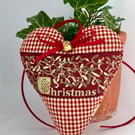 MISTLETOE CHRISTMAS HEART DECORATION - burgundy check and gold